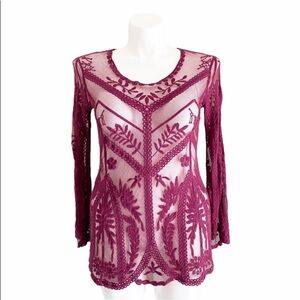 KNAPP STUDIO Burgundy BOHO Mesh Overlay Top Medium